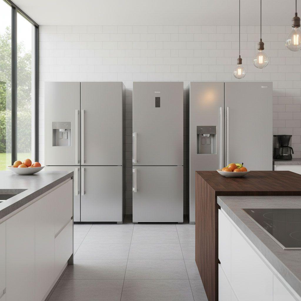 Moderne Küche mit drei nebeneinander platzierten Kühlschranktypen: Einbaukühlschrank, freistehendes Modell und Side-by-Side-Gerät in Edelstahloptik.